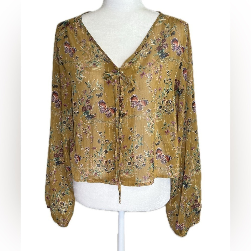 Molly Green chartreuse chiffon top balloon sleeves butterfly and floral s small